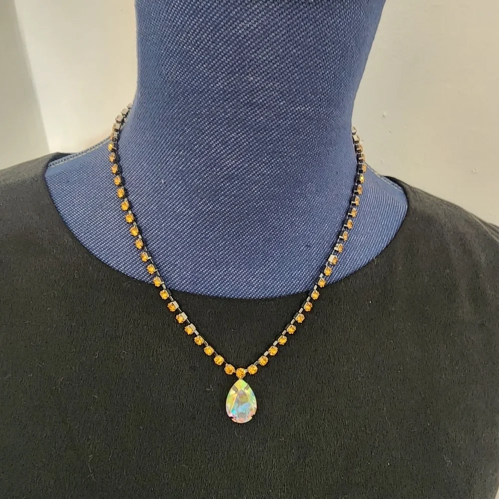 Silver Gunmetal Necklace with AB Crystal Teadrop and Matching Earrings Set